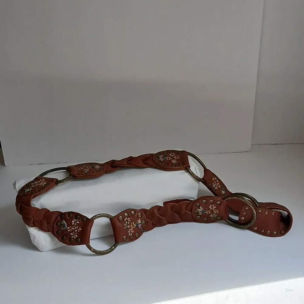 Vintage Brown  Studded Leather Embroidered Floral Beaded  Brass Ring Belt